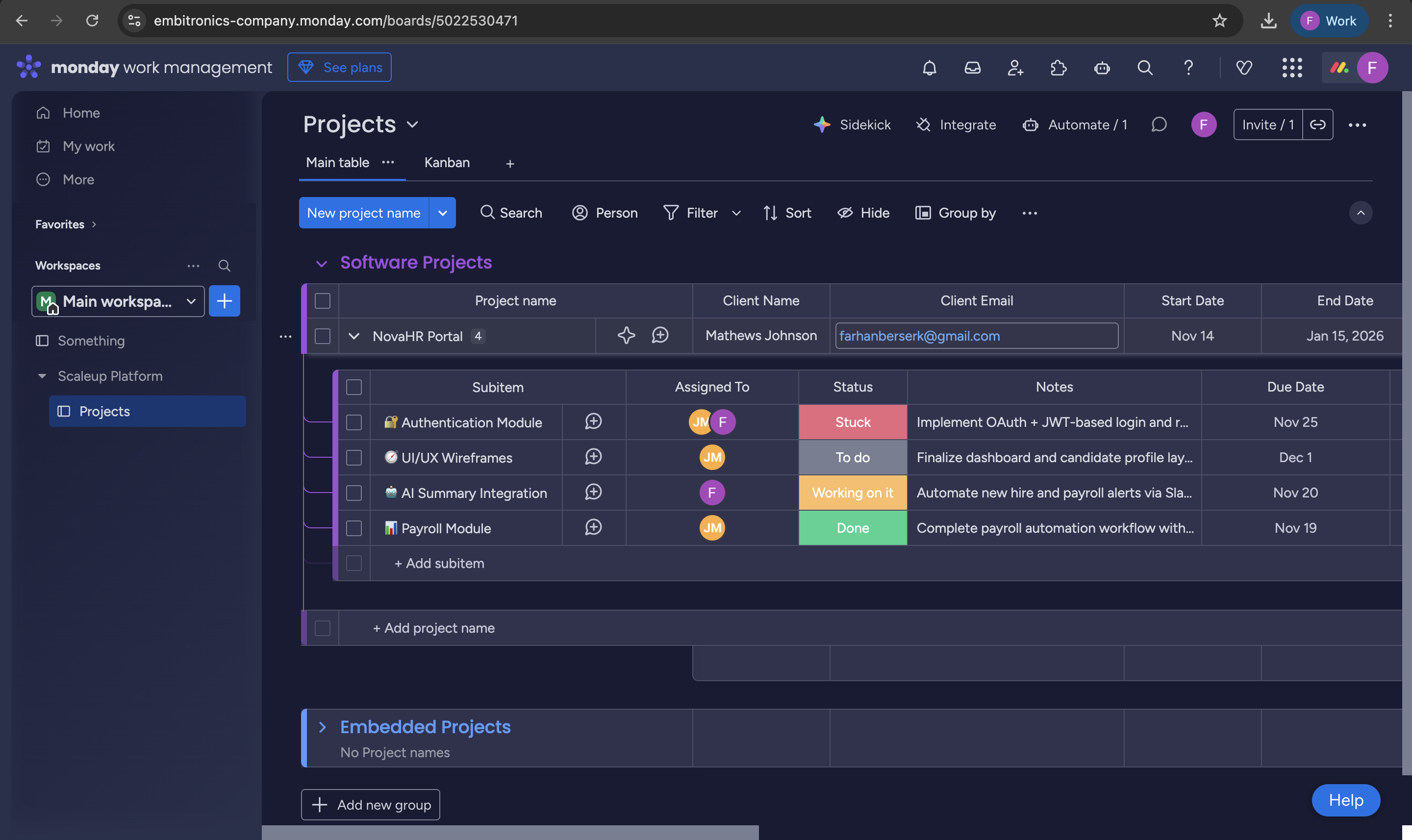 Monday.com project board